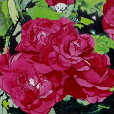 Amarantowe róże; Akryl płótno, wym. 65x70 cm, sygnowany 2006r