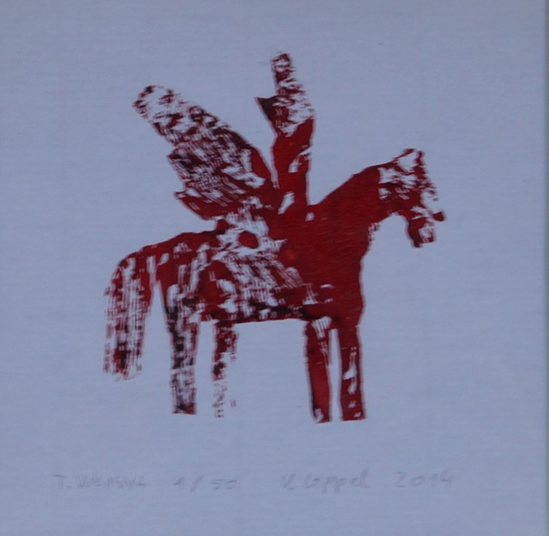 Pegaz czerwony; Tempera papier, 12x12