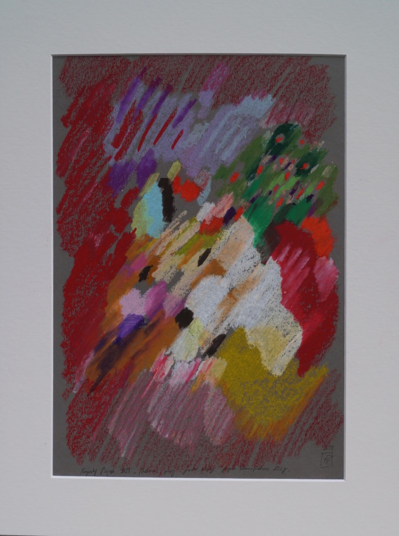 Malinowe pląsy;   pastel olejny,papier Clairefontaine  250g, wym. 29x39 cm, w passepartout 40x50 cm,   sygnowany,