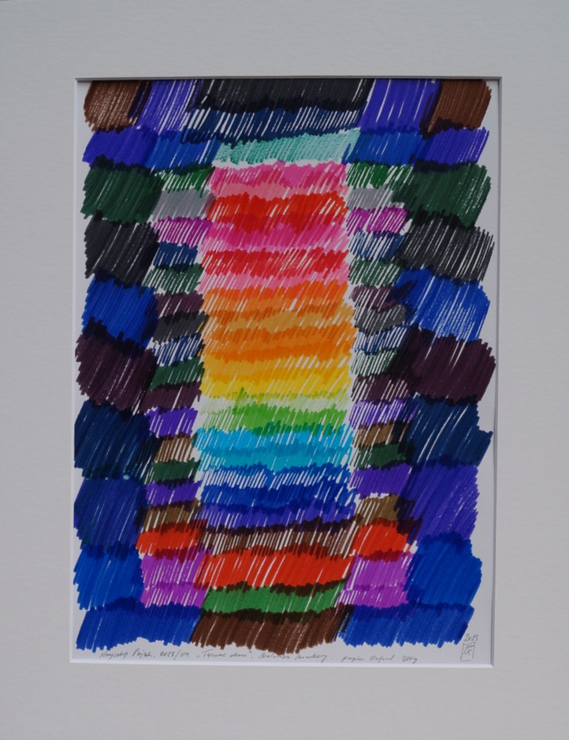 Tęczowe okno; kolorowe markery, werniks papier Oxford 200 g sygn, 09.2023.