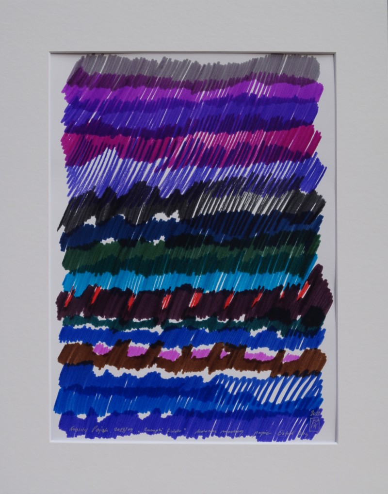 Zaczepki fioletu; kolorowe markery, werniks, papier Oxford 200g, wym. 29x39 cm, w passepartout 40x50 cm, sygnowany, 2023.09 