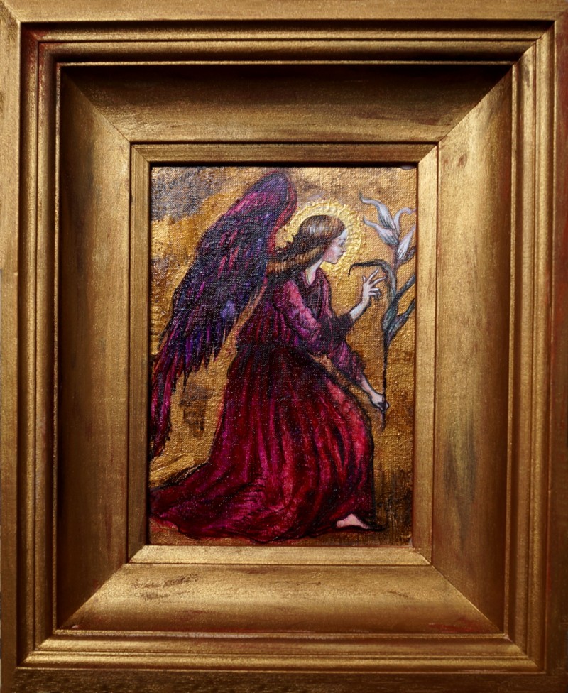 Anioł ze Zwiastowania; Anioł ze Zwiastowania olej płótno, wym,13x18 cm w ramie 24x 29 cm sygnowany,2023 r