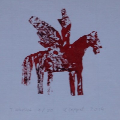 Pegaz czerwony; Tempera papier, 12x12