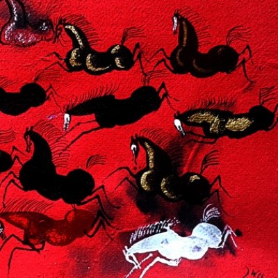 Tabun na czerwieni; gwasz, akryl, tusz/papier , wymiary: 28 x 35 cm
