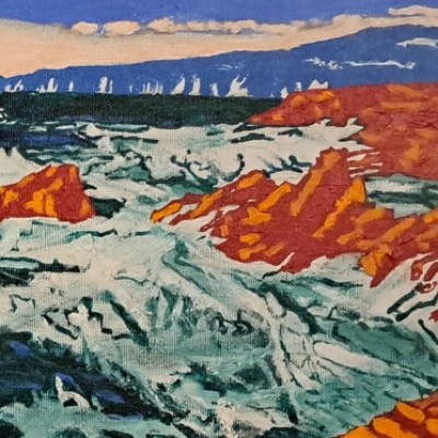 Niebo, Atlantyk i skały; akryl, płótno wym. 65x40 cm 1998r