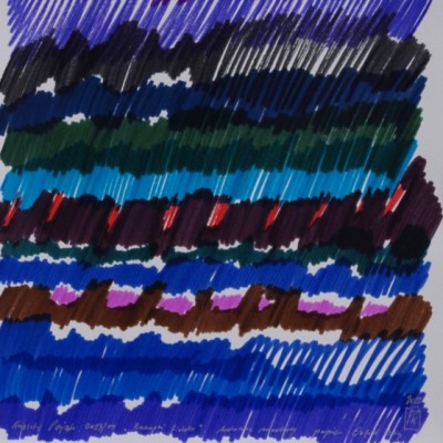 Zaczepki fioletu; kolorowe markery, werniks, papier Oxford 200g, wym. 29x39 cm, w passepartout 40x50 cm, sygnowany, 2023.09 