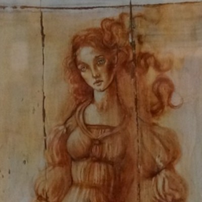 Postać alegoryczna wg Botticelli; postać alegoryczna wg Botticelli technika własna farby wodne, grunt, deska wym:40x74 cm, w oprawie 49,5x83 